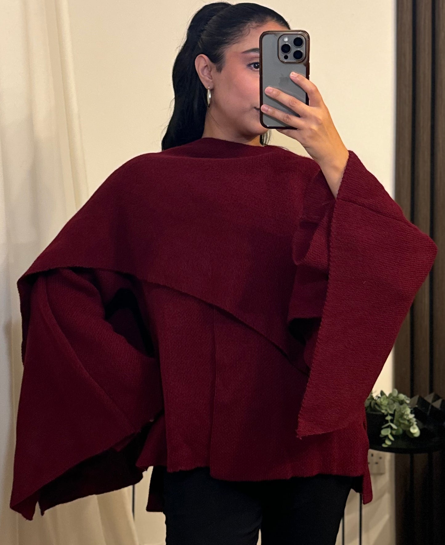 Knitted Cape With Scarf In Red