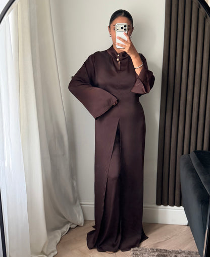 Aya Split Pearl Detail Blouse and Trouser Set In Brown