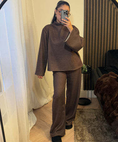 Funnel Neck Fleece Lined Trouser and Top Set In Brown