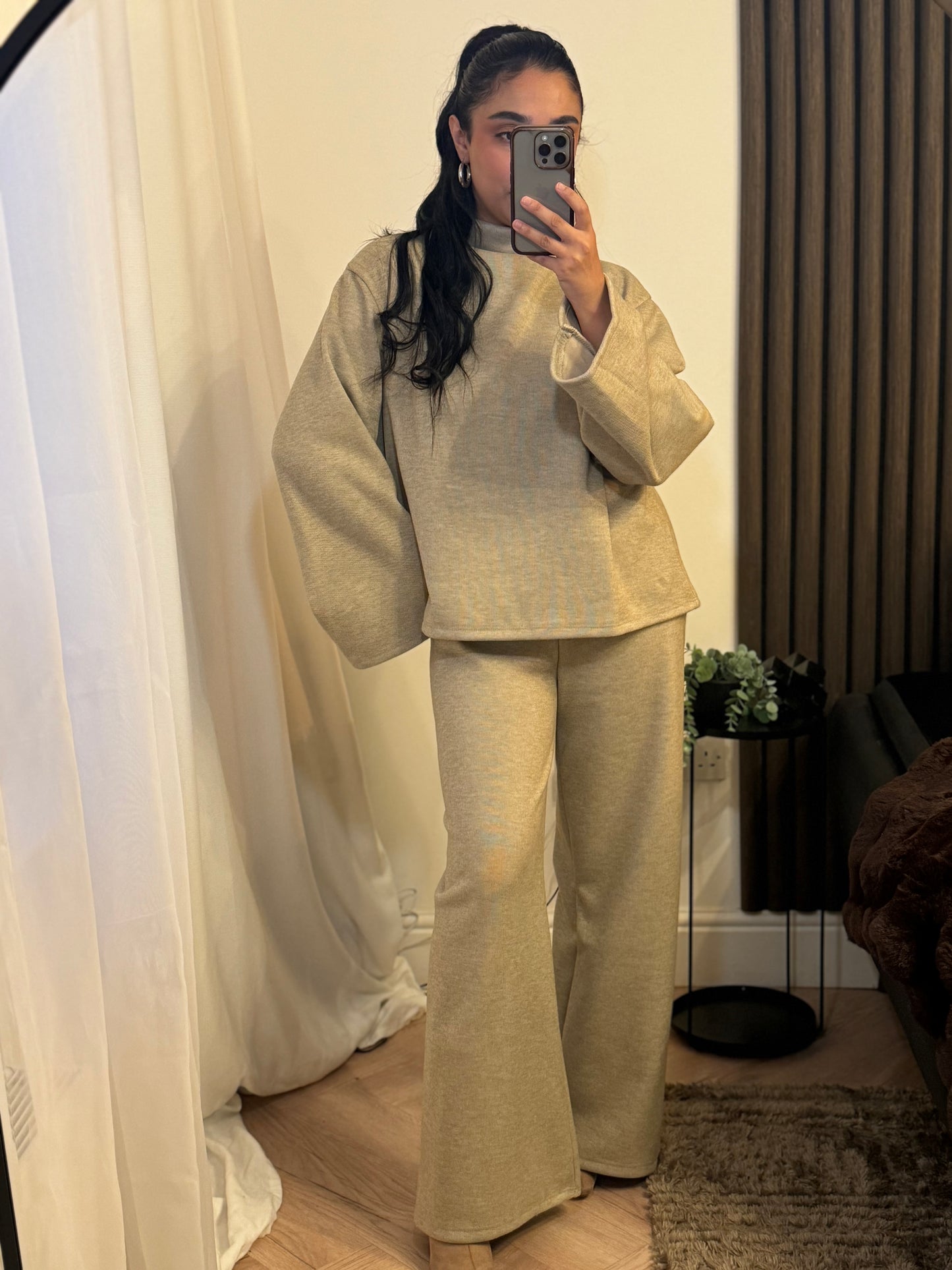 Funnel Neck Fleece Lined Trouser and Top Set In Beige