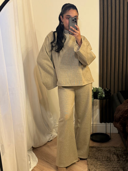 Funnel Neck Fleece Lined Trouser and Top Set In Beige