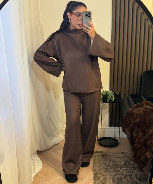 Funnel Neck Fleece Lined Trouser and Top Set In Brown