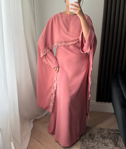 Lace Trim Cape Dress in Pink