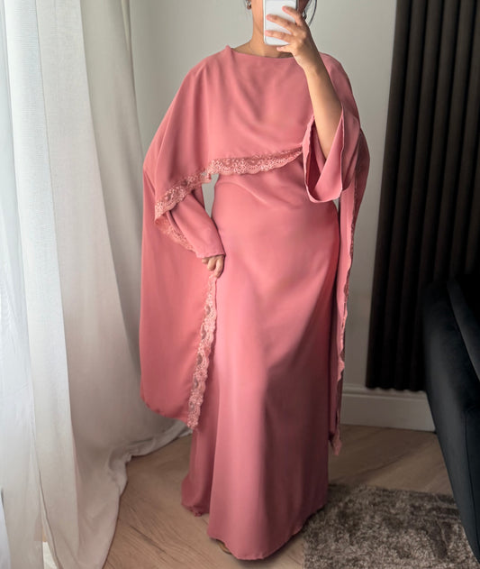 Lace Trim Cape Dress in Pink