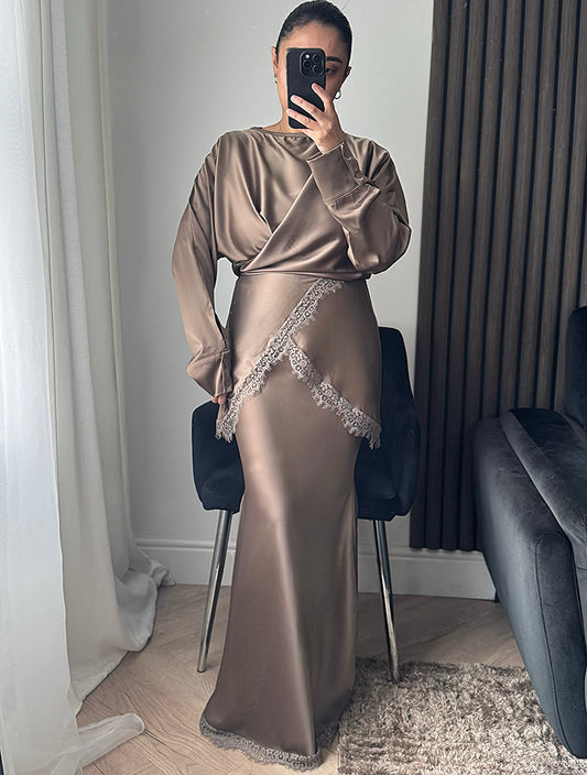 Alia Tie Wrap Lace Top And Skirt Set In Taupe