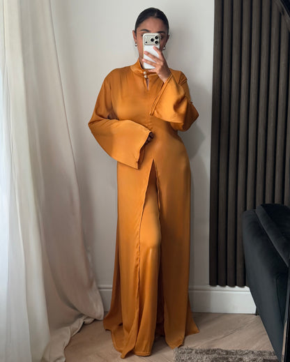 Aya Split Pearl Detail Blouse and Trouser Set In Mustard