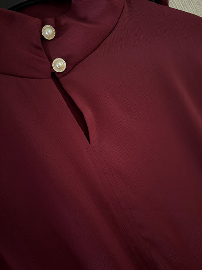 Aya Split Pearl Detail Blouse and Trouser Set In Wine