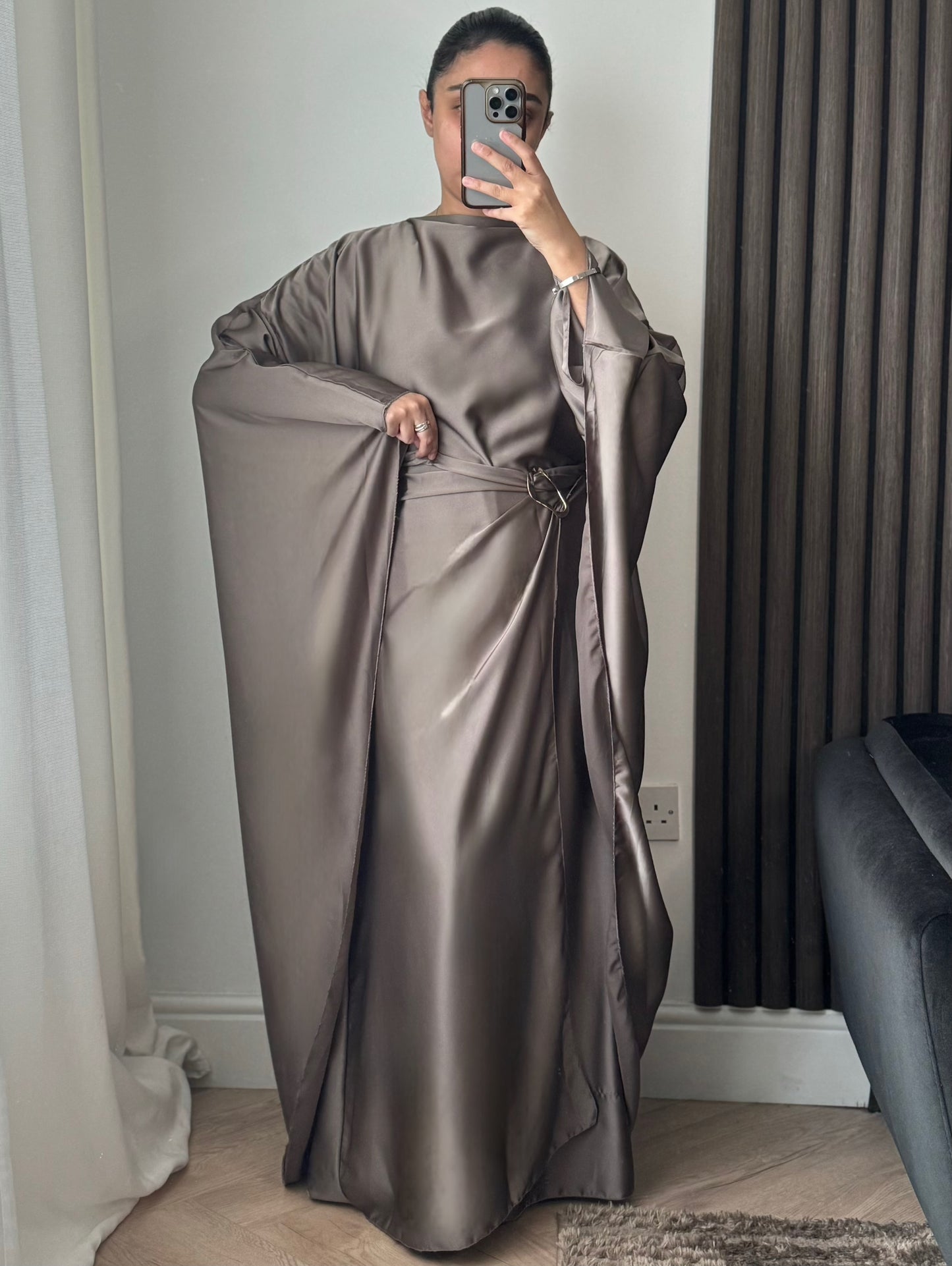 Rana Cape Gold Belt Detail Dress In Taupe