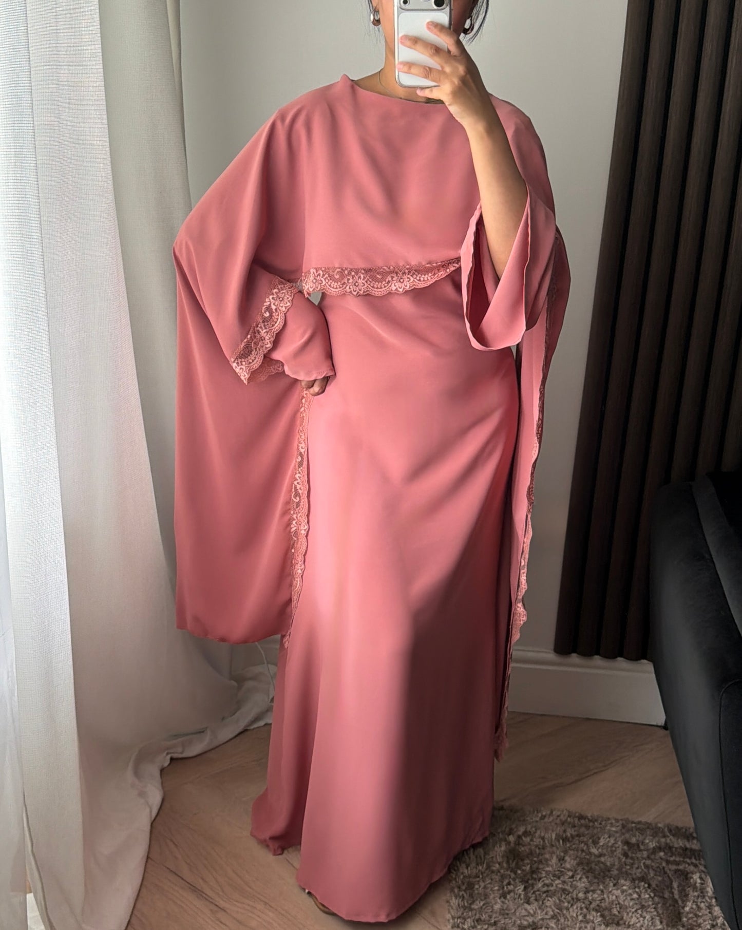 Lace Trim Cape Dress in Pink