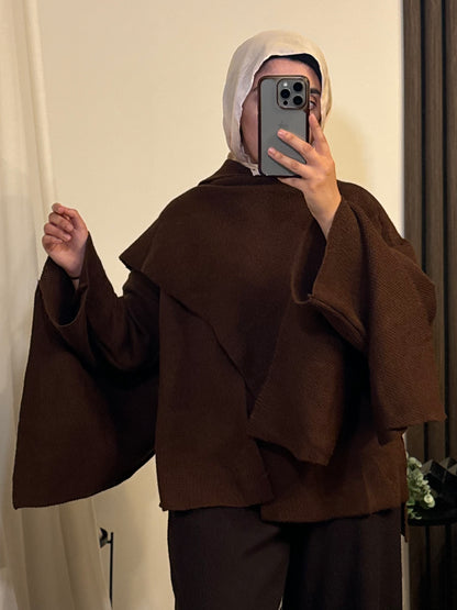 Knitted Cape With Scarf In Brown