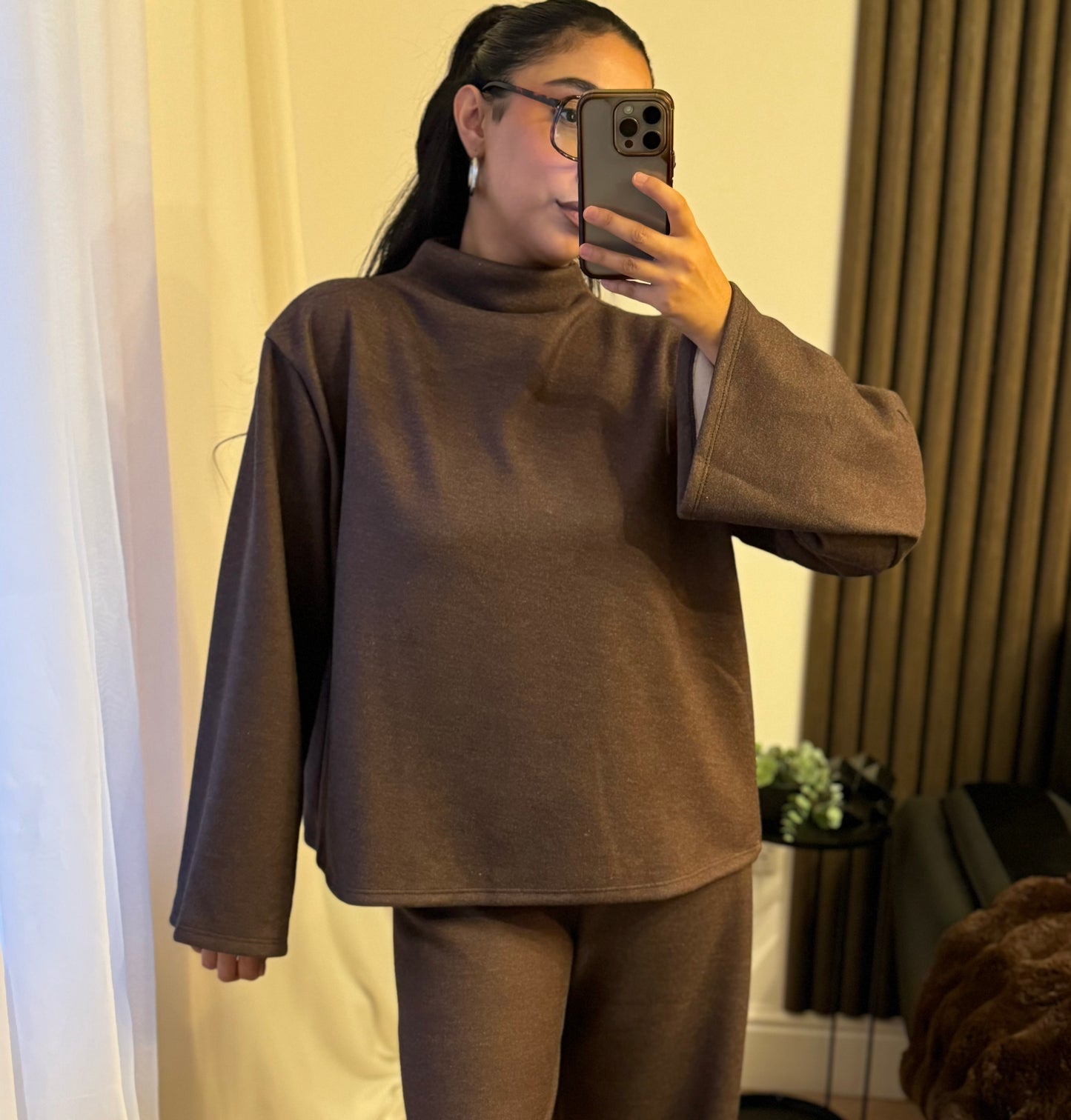 Funnel Neck Fleece Lined Trouser and Top Set In Brown