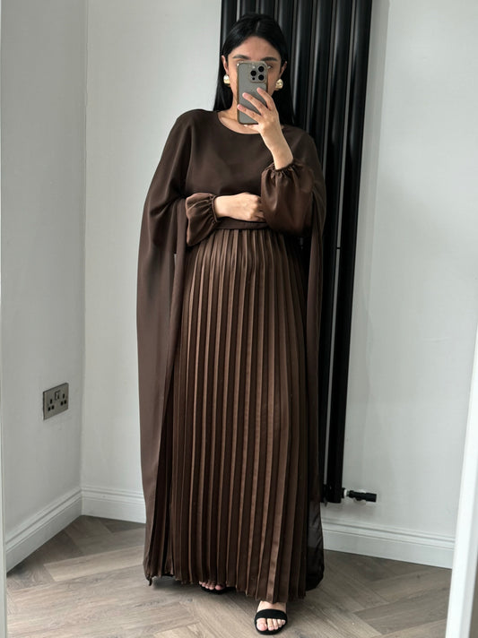 Haya Long Sleeve Pleated Maxi Dress with Cape In Brown
