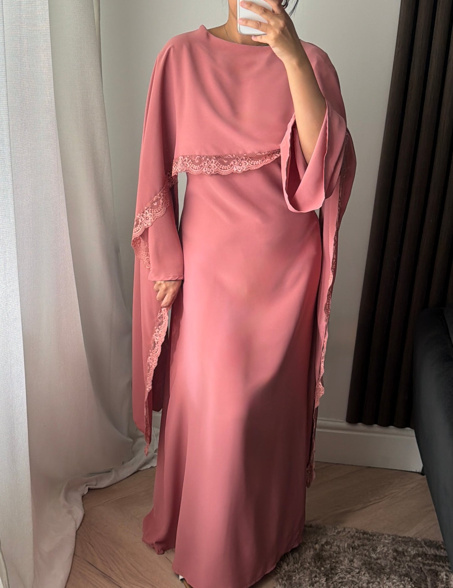 Lace Trim Cape Dress in Pink