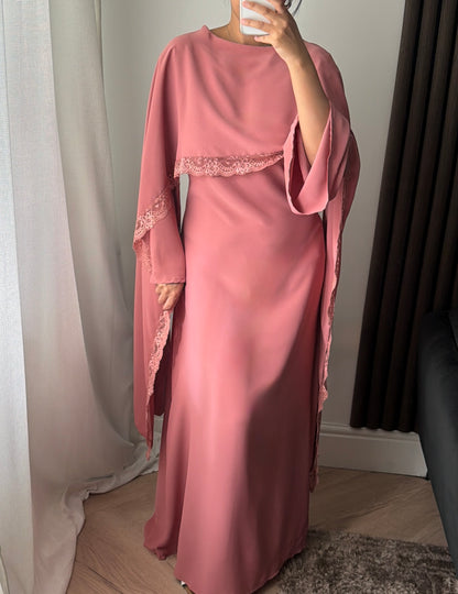 Lace Trim Cape Dress in Pink