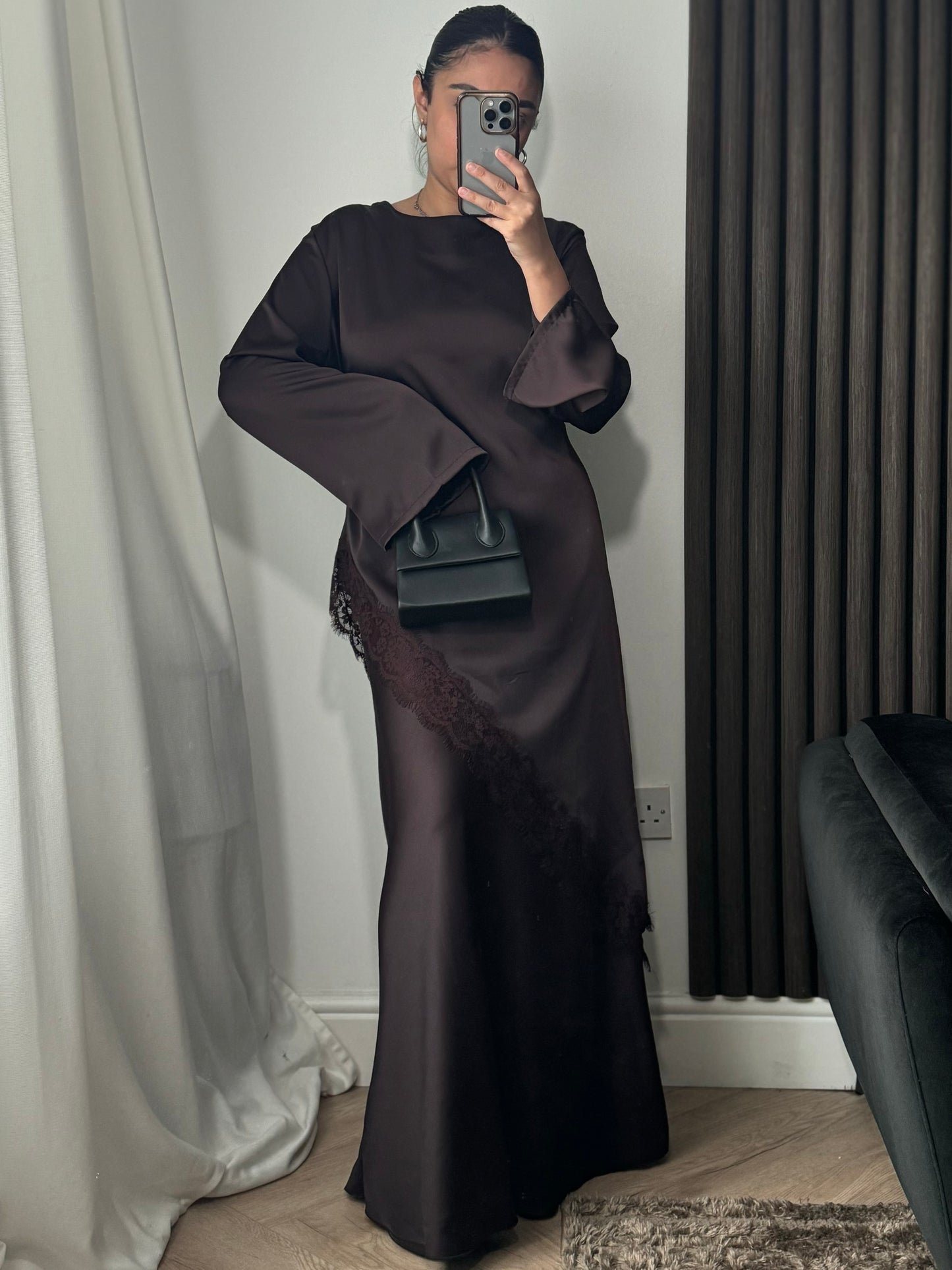 Maysa Asymmetric Lace Top and Skirt Set in Brown