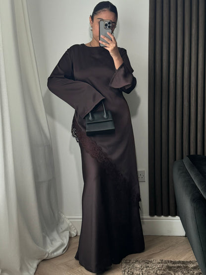 Maysa Asymmetric Lace Top and Skirt Set in Brown