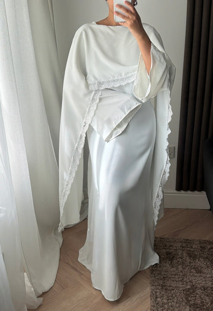 Lace Trim Cape Dress in White
