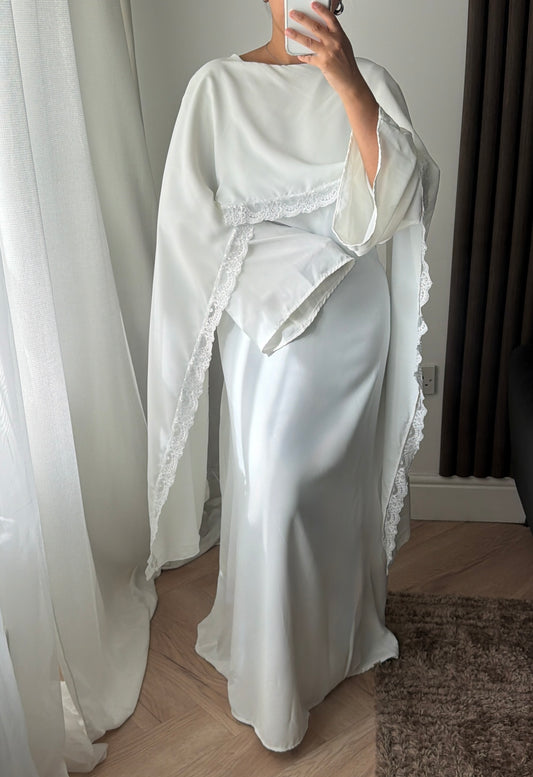 Lace Trim Cape Dress in White
