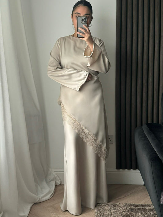 Maysa Asymmetric Lace Top and Skirt Set in Beige