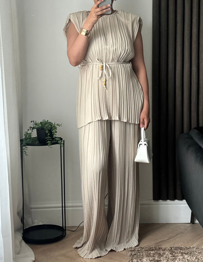 Amina Top and Wide Leg Trouser Set In Beige