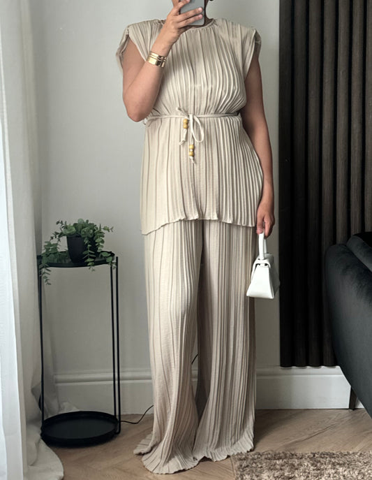 Amina Top and Wide Leg Trouser Set In Beige