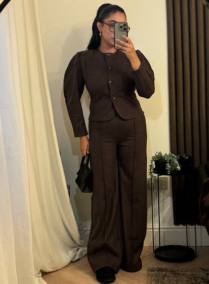 Structured Buttoned Jacket with Trouser Set In Brown