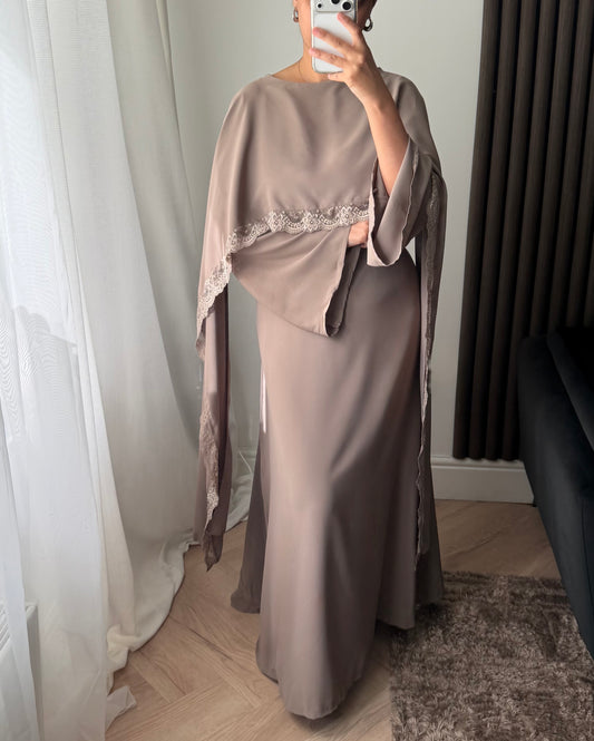 Lace Trim Cape Dress in Taupe