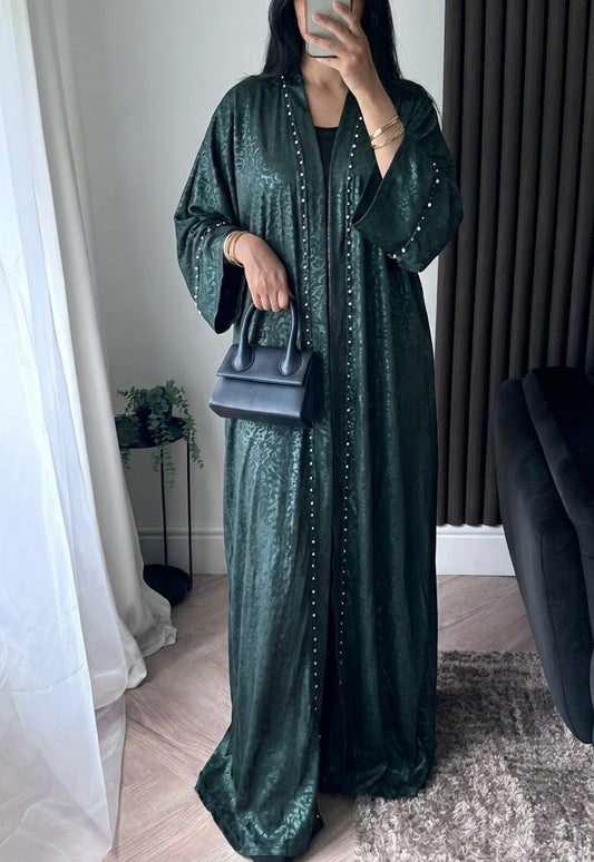 Yara Pearl Detail Open Abaya In Green