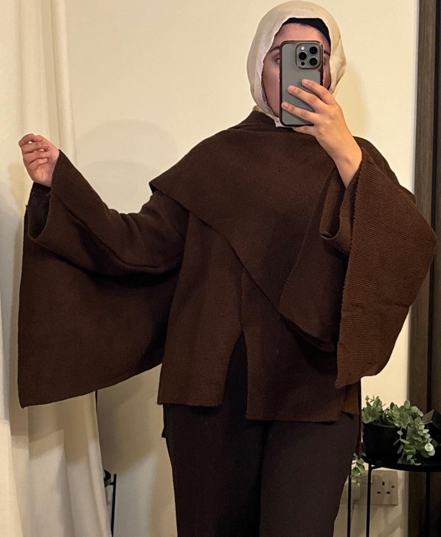 Knitted Cape With Scarf In Brown