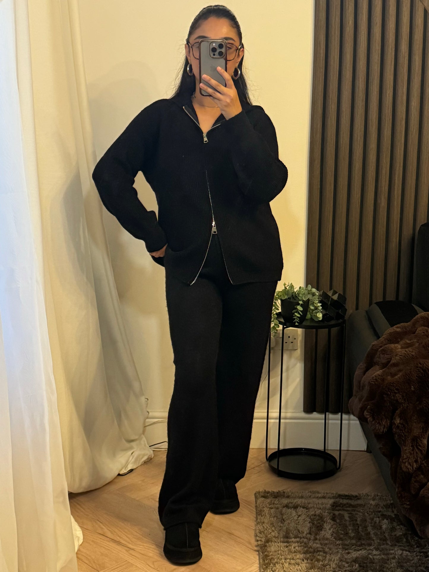 Ribbed Zip Up Hoodie and Trouser Set in Black