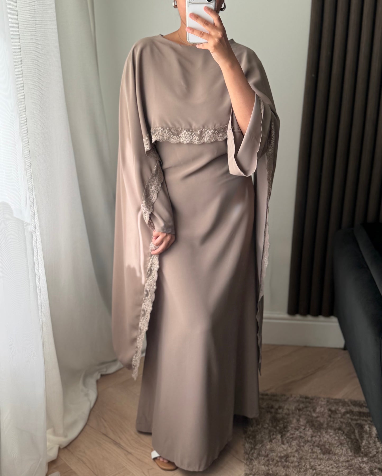Lace Trim Cape Dress in Taupe