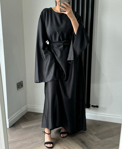 Bella Long Flared Sleeve Dress With Floral Belt In Black
