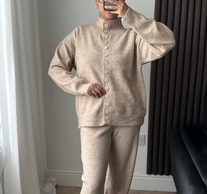 Cala Knitted High Neck Button Cardigan And Trouser Set In Beige