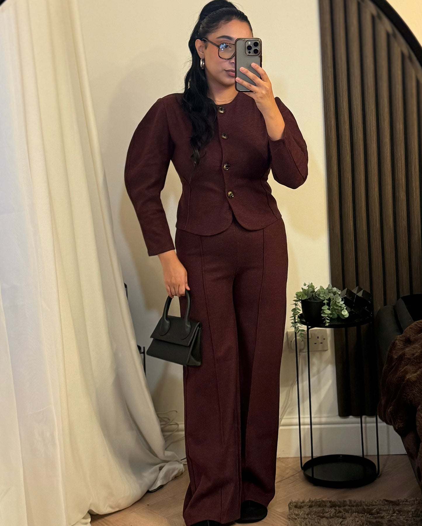Structured Buttoned Jacket with Trouser Set In Wine