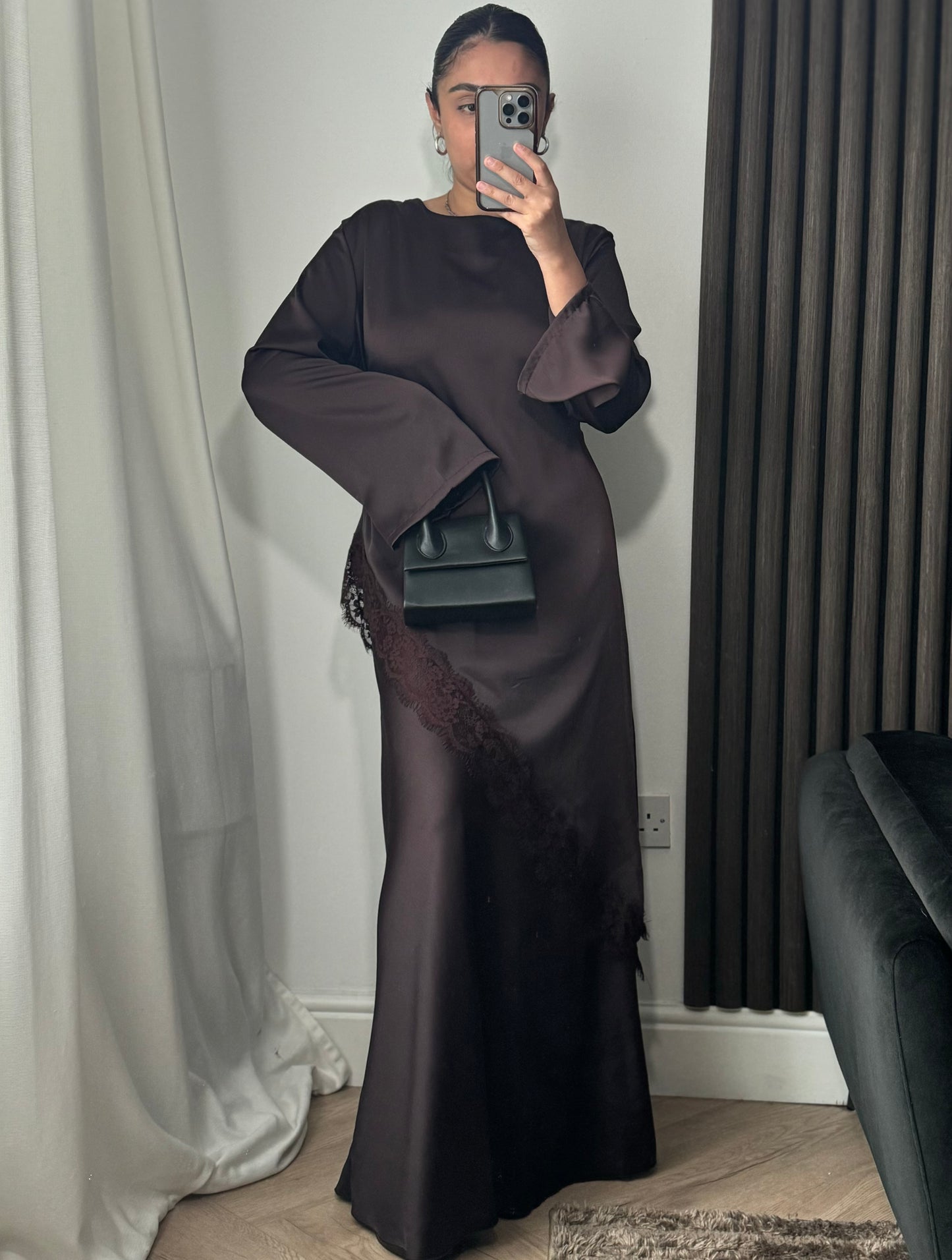 Maysa Asymmetric Lace Top and Skirt Set in Brown