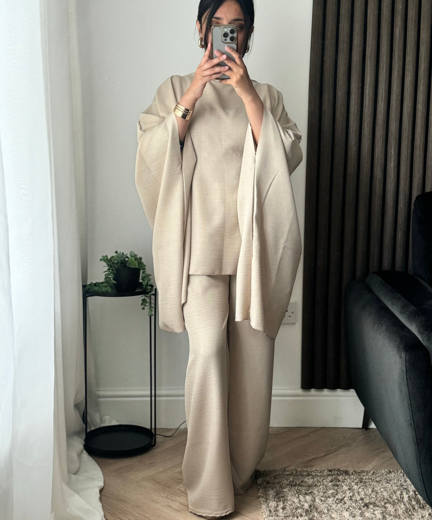 Lila Cape Top And Trouser Set In Beige