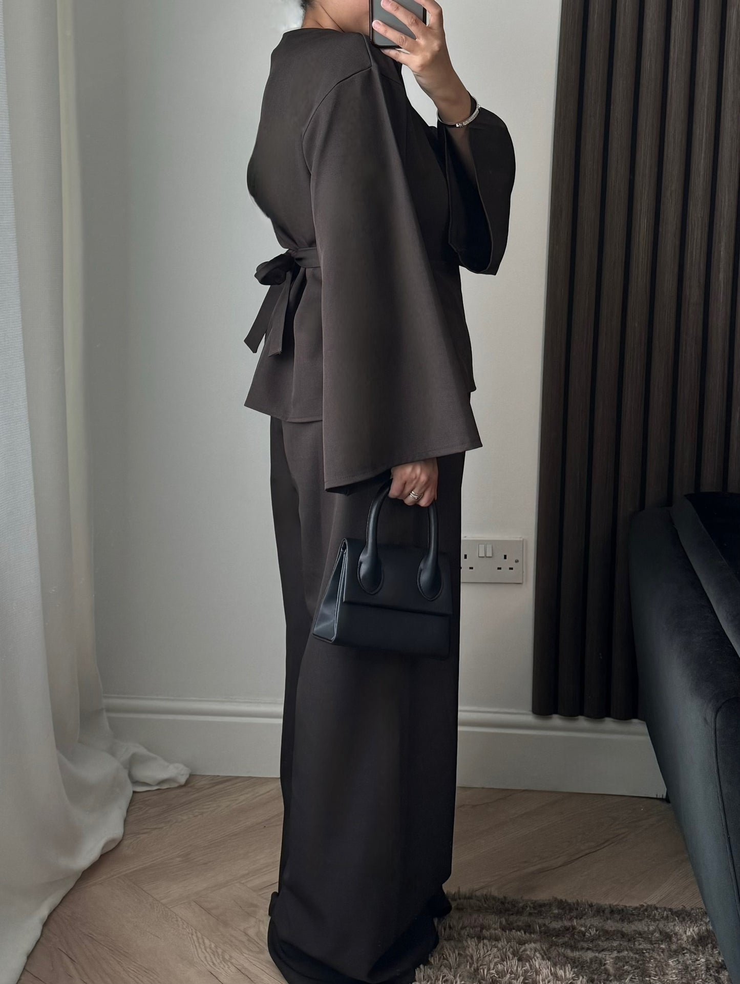 Esra Boat Neck Tie Back Top And Trouser Set In Brown