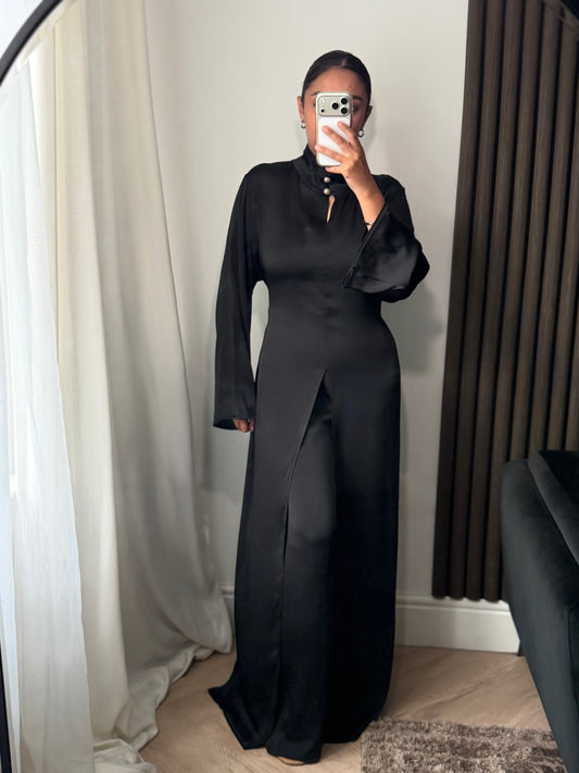Aya Split Pearl Detail Blouse and Trouser Set In Black