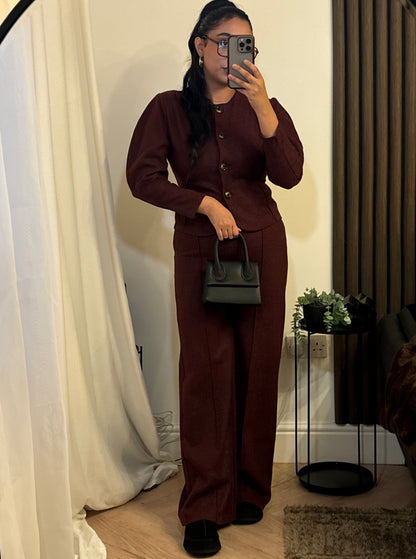 Structured Buttoned Jacket with Trouser Set In Wine