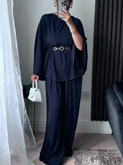 Aria Belted Cape Style Top And Trouser Set in Navy