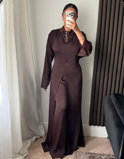 Aya Split Pearl Detail Blouse and Trouser Set In Brown