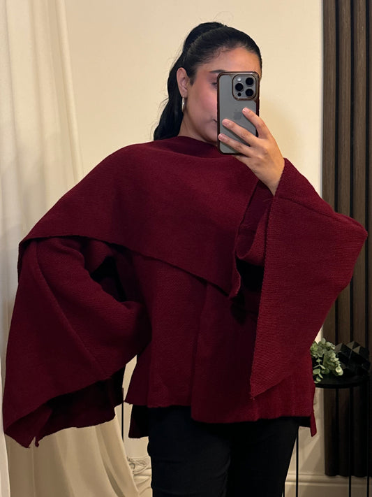 Knitted Cape With Scarf In Red