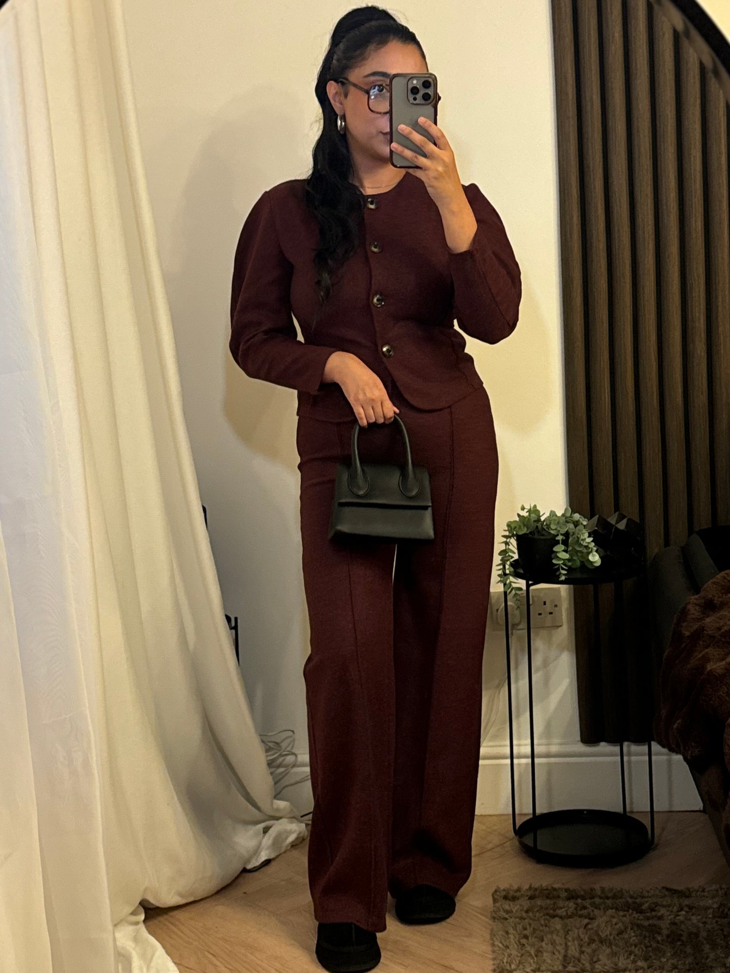 Structured Buttoned Jacket with Trouser Set In Wine