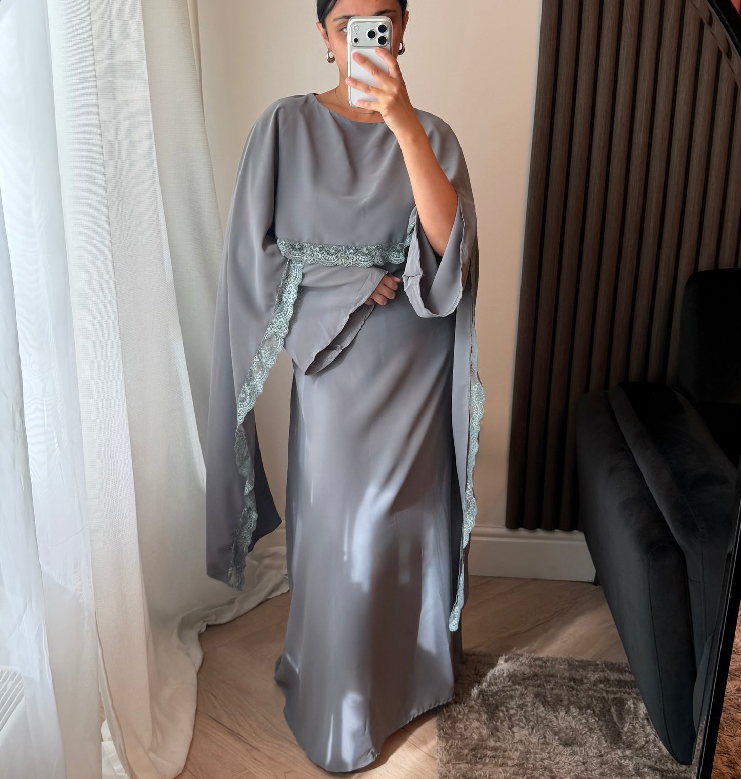 Lace Trim Cape Dress in Grey