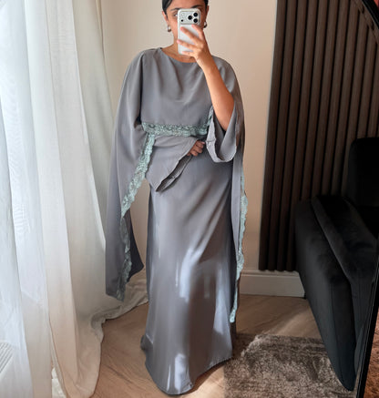 Lace Trim Cape Dress in Grey