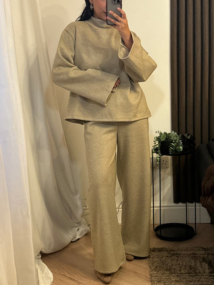 Funnel Neck Fleece Lined Trouser and Top Set In Beige
