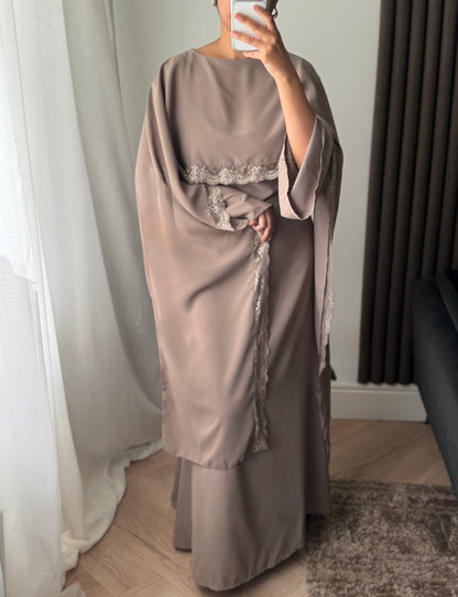Lace Trim Cape Dress in Taupe