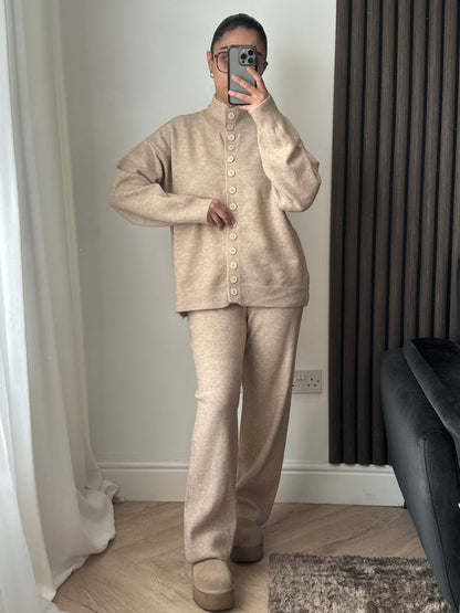 Cala Knitted High Neck Button Cardigan And Trouser Set In Beige