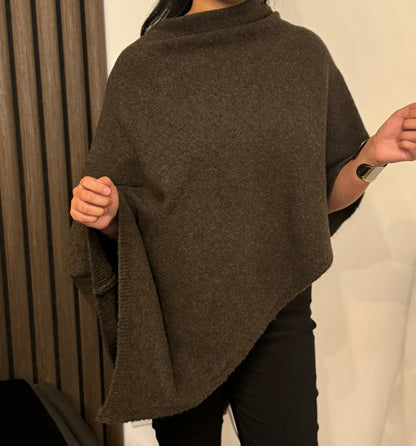 Asymmetric Knit Poncho In Brown