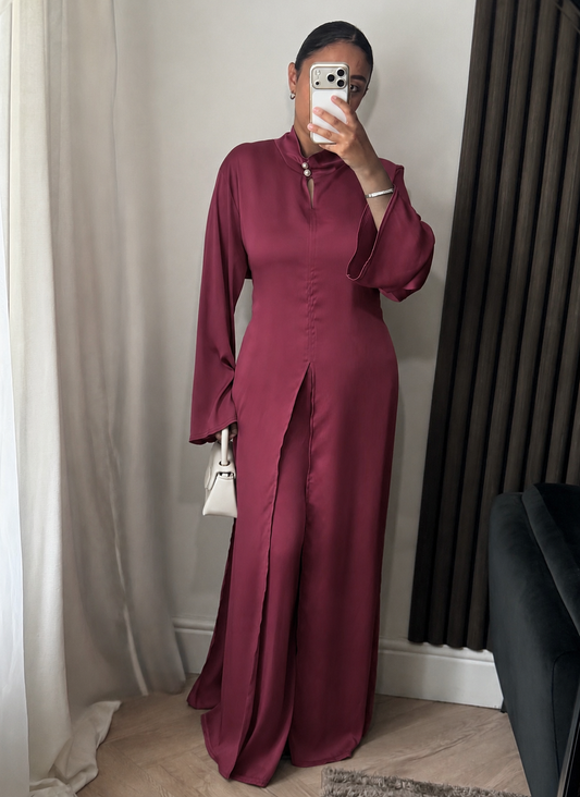 Aya Split Pearl Detail Blouse and Trouser Set In Wine